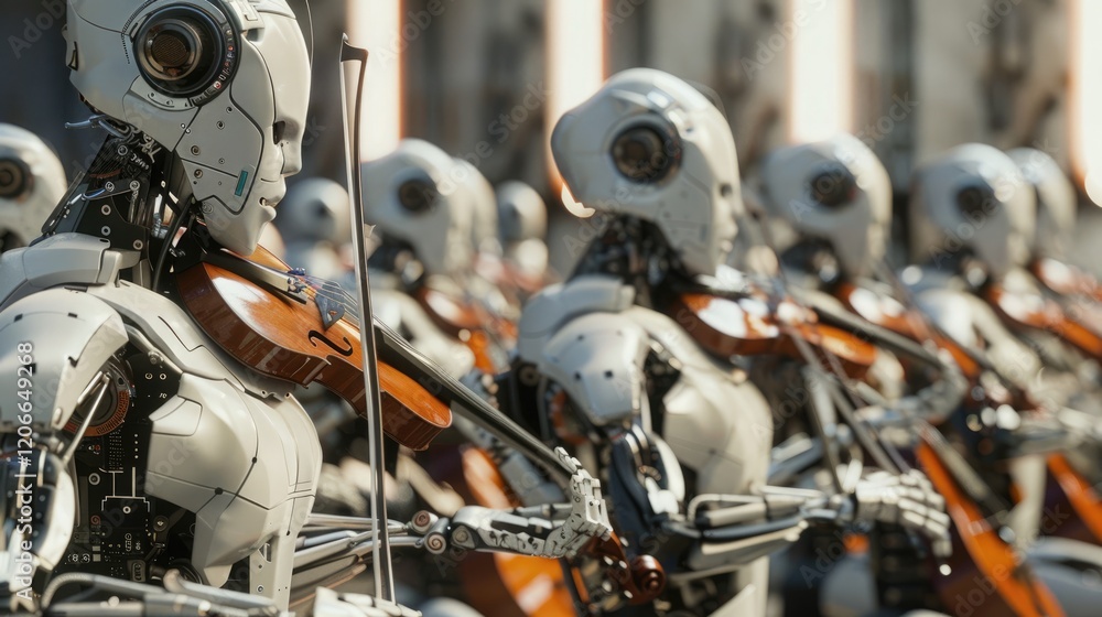 Obraz premium Robots playing violins in a futuristic concert setting.