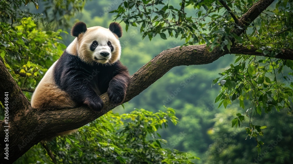 Obraz premium Majestic Panda Resting on a Branch in Lush Green Bamboo Forest