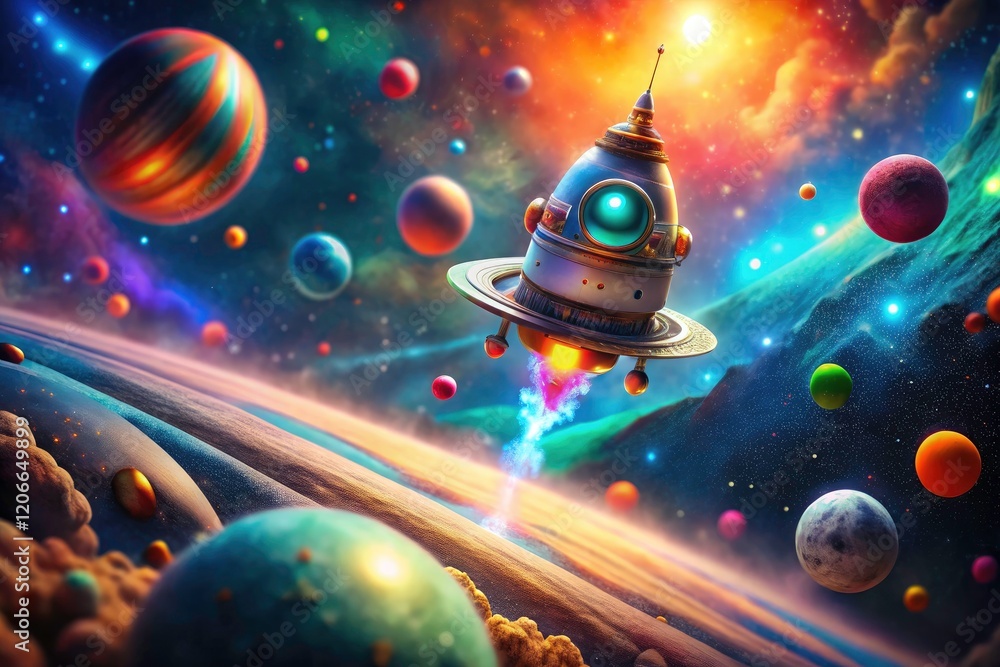 Naklejka premium A miniature spaceship bravely navigates a colossal, colorful nebula and planetary system, a charming tilt-shift journey.