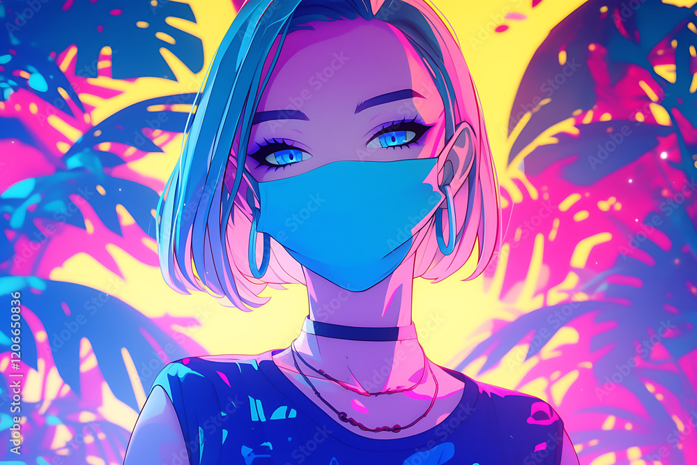 Young woman wearing a mask in a vibrant tropical setting with colorful foliage in the background Young woman wearing a mask in a vibrant tropical setting with colorful foliage in the background