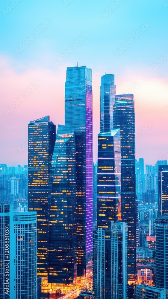 Fototapeta premium A vibrant city skyline at dusk, showcasing modern skyscrapers illuminated with colorful lights against a pastel sky.