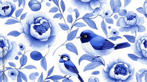 Fototapeta Naklejka Na Ścianę i Meble -  Blue birds and peonies floral seamless pattern. Ideal for fabric, wallpaper, or textile design
