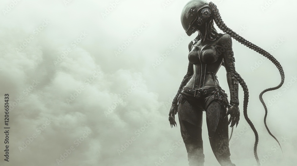 A humanoid figure with a futuristic design stands amidst a foggy environment. A humanoid figure with a futuristic design stands amidst a foggy environment.
