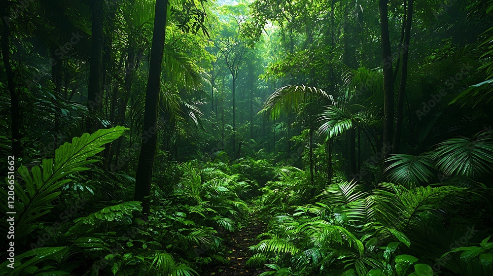 A dense forest with tall, straight trees and lush foliage, creating an atmosphere of mystery and solitude. A dense forest with tall, straight trees and lush foliage, creating an atmosphere of mystery and solitude.