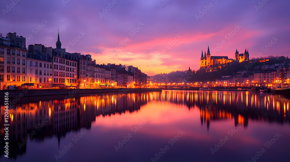 Fototapeta premium Cityscape at sunset, river reflection, buildings, cathedral, tourism