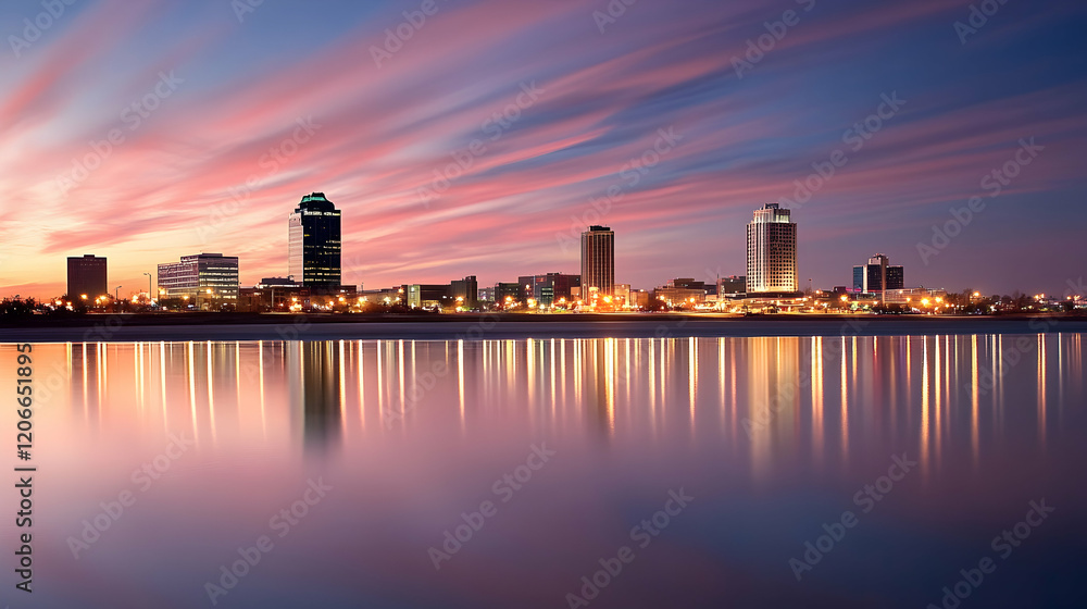 Naklejka premium Cityscape sunset reflection, waterfront skyline, tranquil evening, urban landscape, ideal for travel brochures