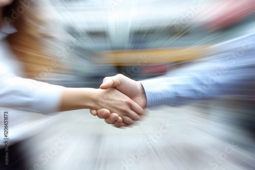 wo business professionals shaking hands making a deal agreeing blurred fast paced quick concept photo