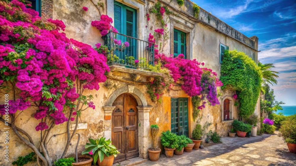 Fototapeta premium A picturesque Old Anacapri house facade, bathed in Mediterranean sun; a travel photographer's dream.