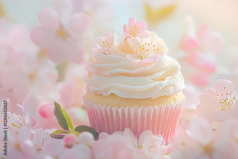 Delicate cupcake adorned with spring blossoms. Delicate cupcake adorned with spring blossoms.