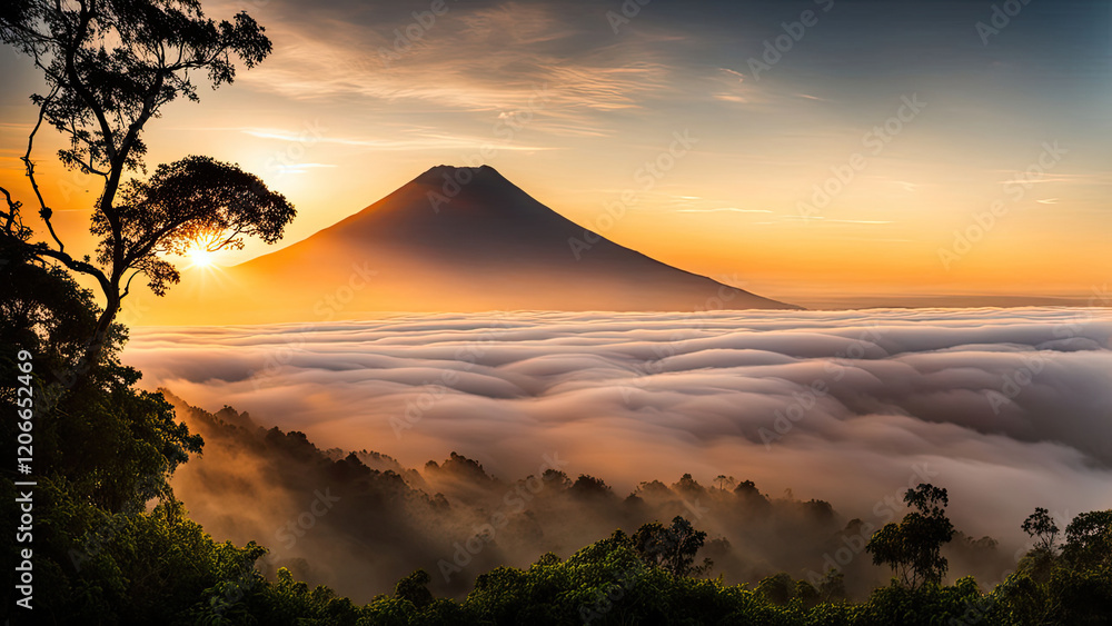 A majestic volcano rises above a sea of clouds, bathed in the golden hues of sunrise. Lush greenery frames the serene landscape, blending earth and sky in a breathtaking natural spectacle. A majestic volcano rises above a sea of clouds, bathed in the golden hues of sunrise. Lush greenery frames the serene landscape, blending earth and sky in a breathtaking natural spectacle.