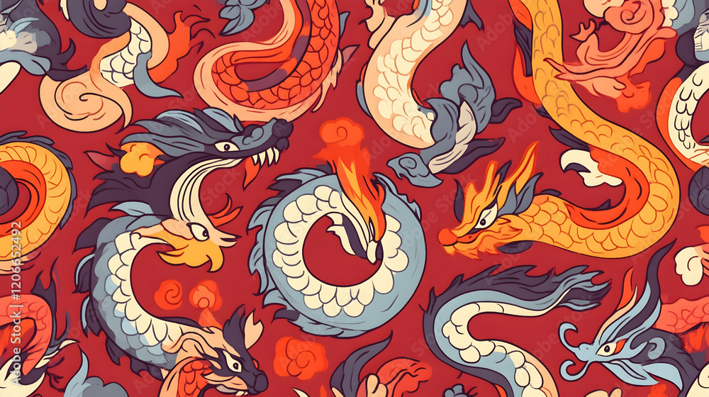 Obraz premium Colorful Asian dragons swirling pattern, red background, textile design