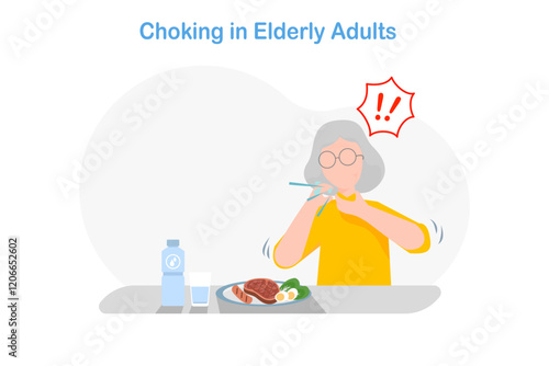 Flat illustration in the concept of choking in elderly people. An elderly woman in a yellow shirt is eating food and choking on food.
