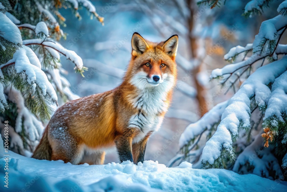 Obraz premium Arctic beauty: a vibrant red fox against a stark white winter landscape. AI art.