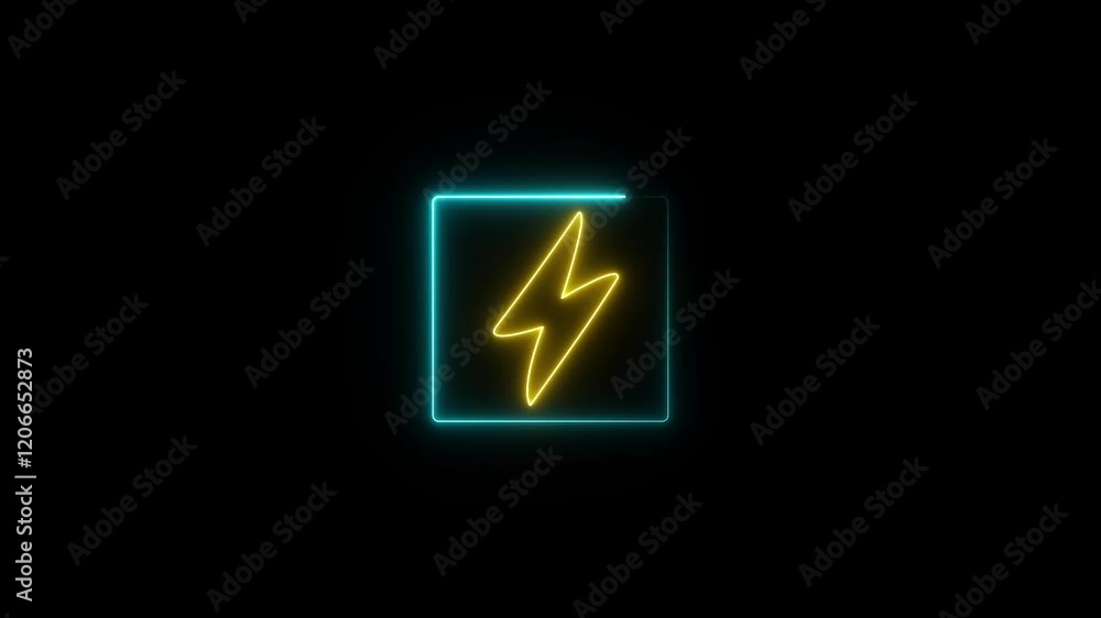 Neon lightning bolt icon, neon line battery charging power icon on black background. Neon lightning bolt icon, neon line battery charging power icon on black background.