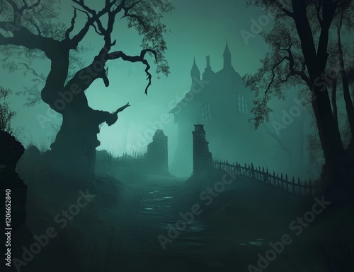 Foggy path leading to a spooky mansion on a dark night. photo