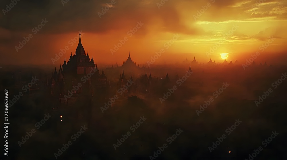 Fototapeta premium Sunset Over Bagan Temples Ancient Myanmar Landscape