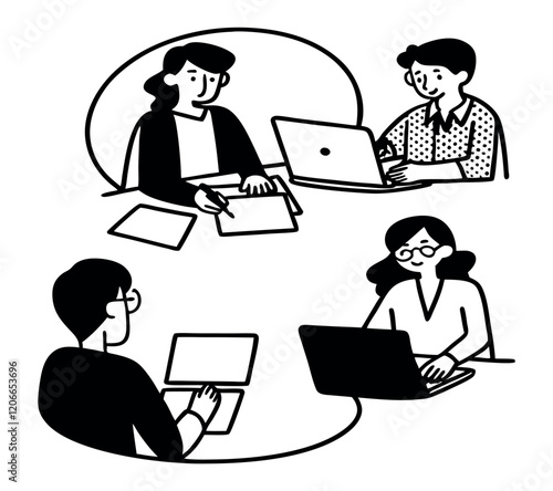 black and white One line art group business team meeting and working collaboration in office workplace concept. flat vector illustration set cartoon character design concept.