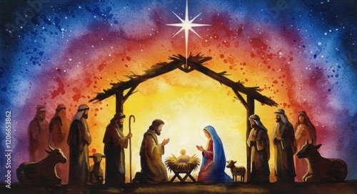 A dramatic watercolor nativity scene featuring Mary, Joseph, and a group of onlookers gathered around the manger