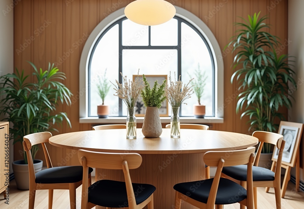 Fototapeta premium Modern Dining Room Design: Round Wood Table, Black Cushions, Arched Window, Oval Light, Plants on Wall, Flower Vases, Wood Panel Walls, Mirror, Minimalist Style.