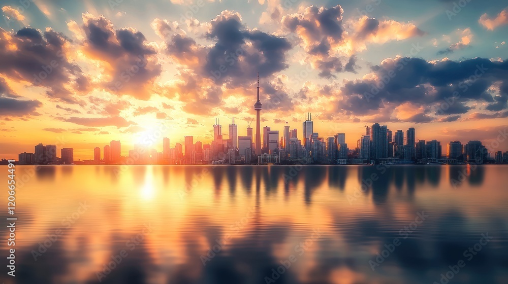 Fototapeta premium Toronto Skyline Sunset: Golden Hour Reflection