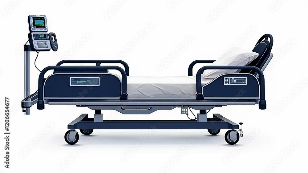 A hospital bed with adjustable features, designed for patient comfort and care, equipped with monitoring technology. A hospital bed with adjustable features, designed for patient comfort and care, equipped with monitoring technology.