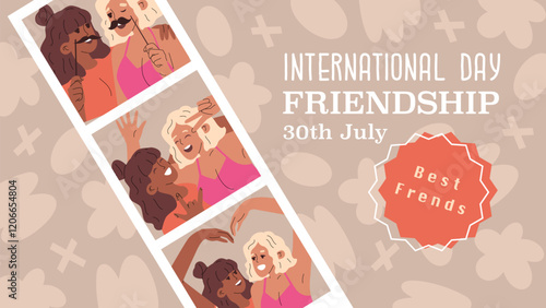 Congratulatory banner for the International Friendship Day on July 30. Instant photo from a photo machine with two girls. A series of photos of cheerful girlfriends. Vector illustration.