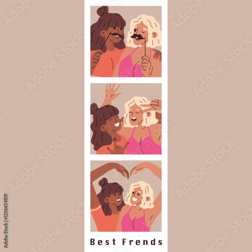 Two girls posing for a series of photos. Instant photo from a photo machine. Joyful and strong friendship. Happy youth. Fun at a party. Vector illustration.