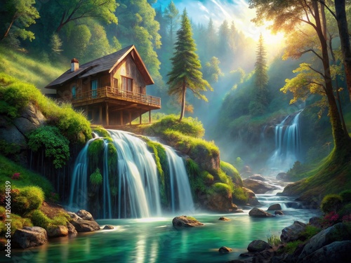 A surreal waterfall graces a secluded cabin nestled in an idyllic, dreamy forest. photo