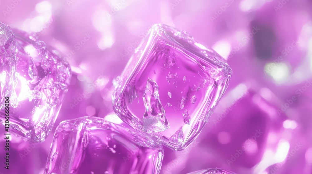 A Close-Up View of Glimmering Purple Ice Cubes Illuminated by Soft Light in a Dreamy Background of Bokeh Effects and Rich Colors A Close-Up View of Glimmering Purple Ice Cubes Illuminated by Soft Light in a Dreamy Background of Bokeh Effects and Rich Colors