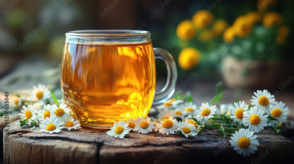 Aromatic Chamomile Tea on Rustic Wood Aromatic Chamomile Tea on Rustic Wood