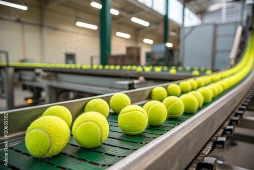 Tennis balls on conveyor belt in factory 