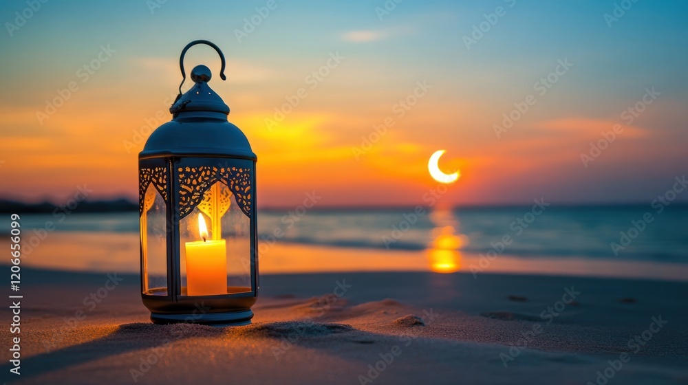 A lantern with a candle on the beach at sunset, casting a warm glow against the twilight sky. A lantern with a candle on the beach at sunset, casting a warm glow against the twilight sky.