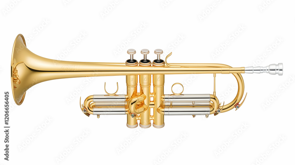 Obraz premium Golden trumpet isolated on white background; musical instrument; studio shot; for music website, brochure, or poster