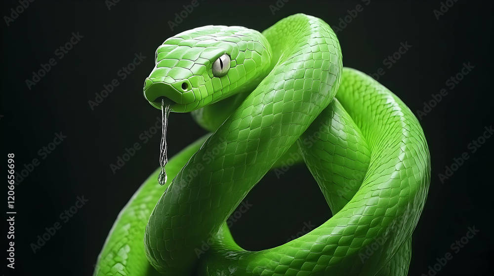 Green snake coiled, dark background, wildlife photography, nature documentary Green snake coiled, dark background, wildlife photography, nature documentary