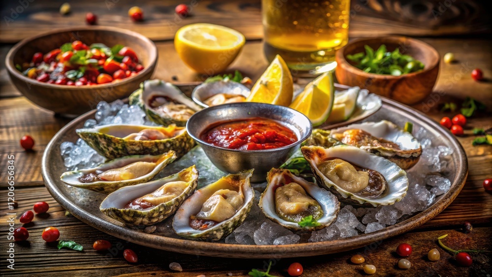 Fototapeta premium Beach shack bliss: Seafood feast, oysters bathed in lemon and hot sauce's glow.