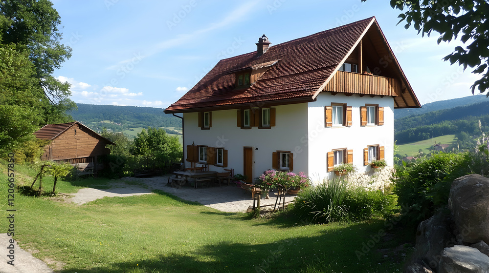 Hillside chalet vacation rental, scenic view, summer Hillside chalet vacation rental, scenic view, summer