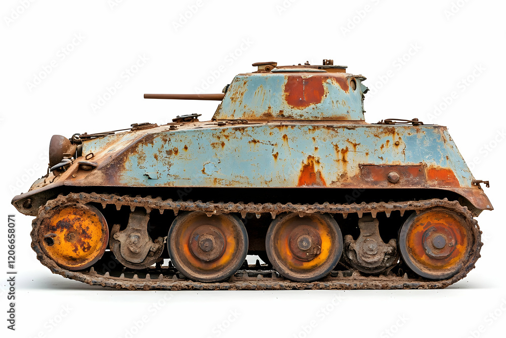 Rusty tank, studio shot, white background, military history Rusty tank, studio shot, white background, military history