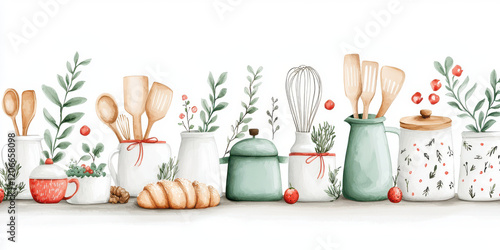 watercolor illustration of kitchen equipment, featuring pots, utensils, and fresh herbs, creating warm and inviting atmosphere. Perfect for culinary themed decor