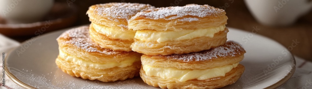 Discover the Delightful Mini Flaky Pastry with Custard Cream Filling High-Detail Images of Exquisitely Baked, Golden-Brown, Flaky Layers Encasing a Creamy, Rich Custard Center Perfect for Afternoon Discover the Delightful Mini Flaky Pastry with Custard Cream Filling High-Detail Images of Exquisitely Baked, Golden-Brown, Flaky Layers Encasing a Creamy, Rich Custard Center Perfect for Afternoon