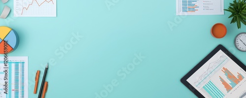A modern workspace featuring a tablet, charts, colorful pie chart, pens, and a plant on a light blue background.