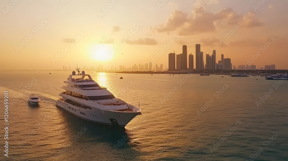 Naklejka premium Luxury yacht sunset cruise, city skyline backdrop