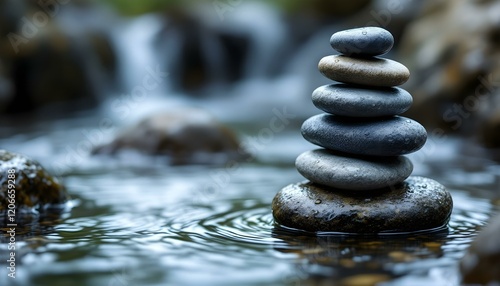 zen, stones, asymmetrical, stack, rugged, textures, rock, water, stream, gentle, wet, droplets, surfaces, ripples, splashes, photorealistic, detail, soft, natural, lighting, harmony, balance, serene,  photo