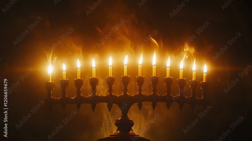 Fototapeta premium A Menorah with Nine Burning Candles Illuminates the Night