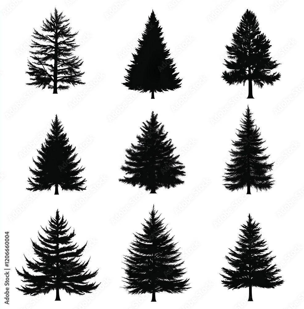Obraz premium pine tree silhouette set, black on white background. Pine trees collection 