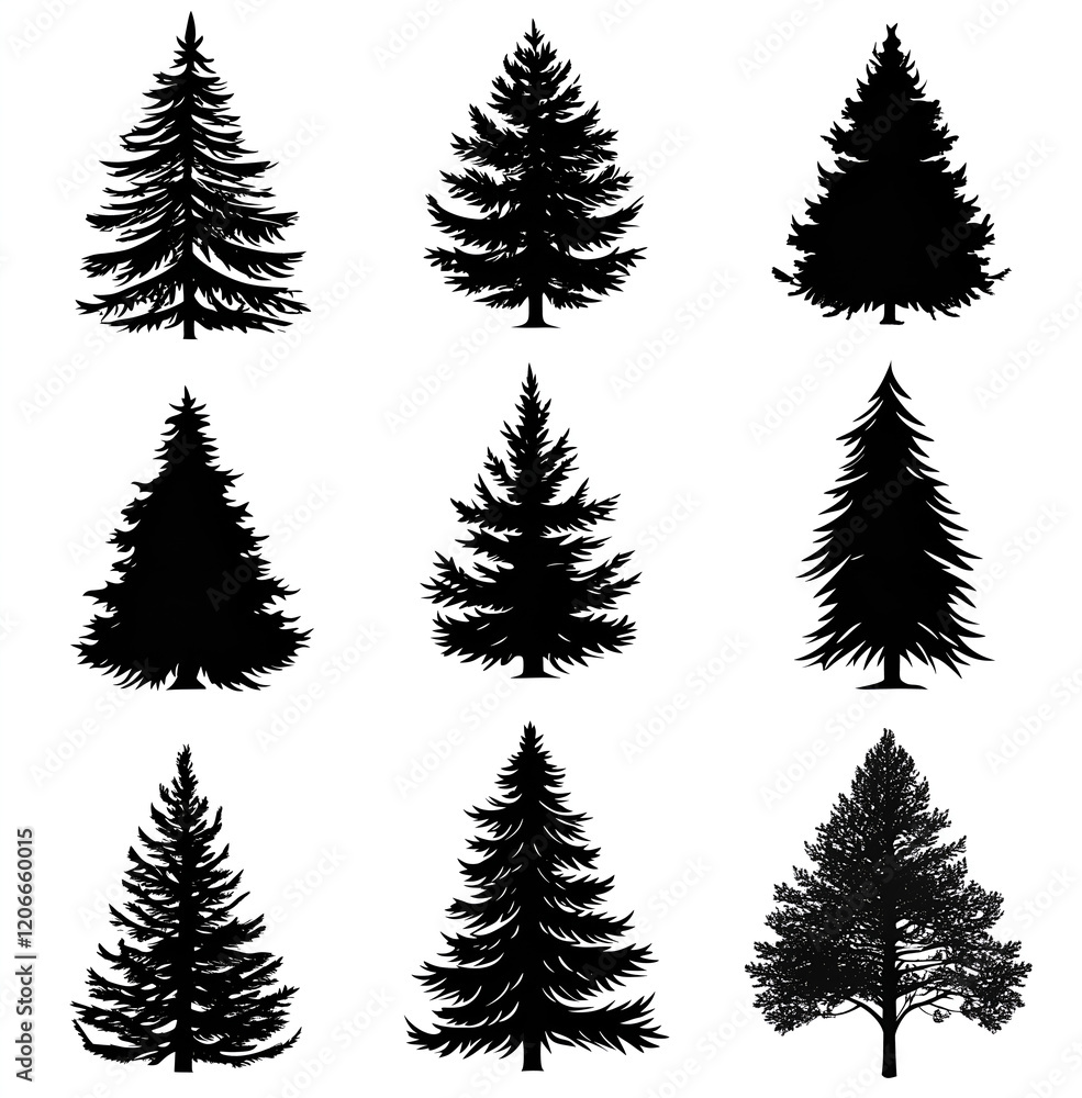 Fototapeta premium pine tree silhouette set, black on white background. Pine trees collection 