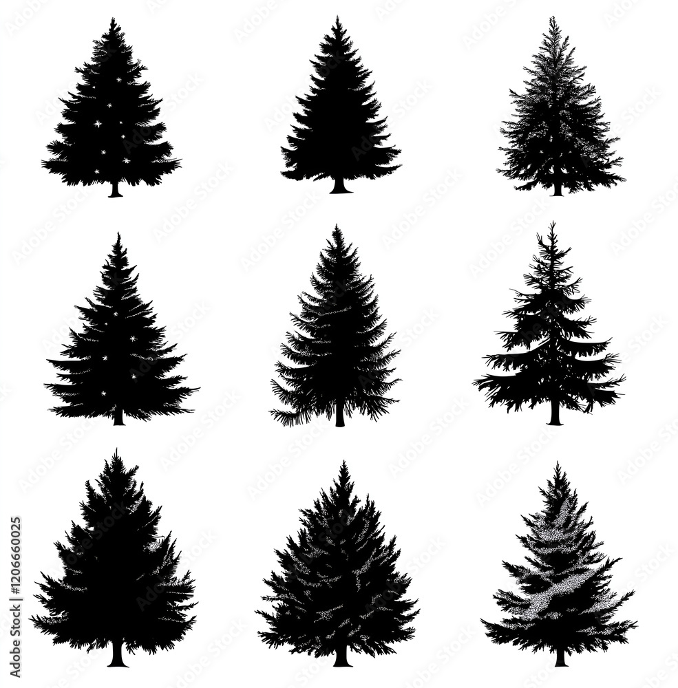 Fototapeta premium pine tree silhouette set, black on white background. Pine trees collection 