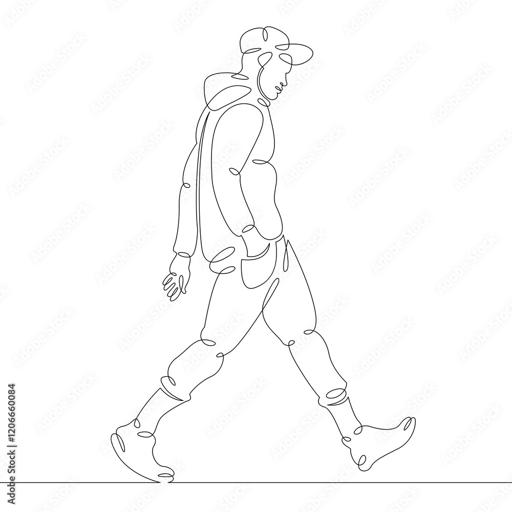 A hipster man in fashionable clothes and a cap hat is walking down the street. One continuous drawing line, logo single hand drawn art doodle isolated minimal illustration. A hipster man in fashionable clothes and a cap hat is walking down the street. One continuous drawing line, logo single hand drawn art doodle isolated minimal illustration.