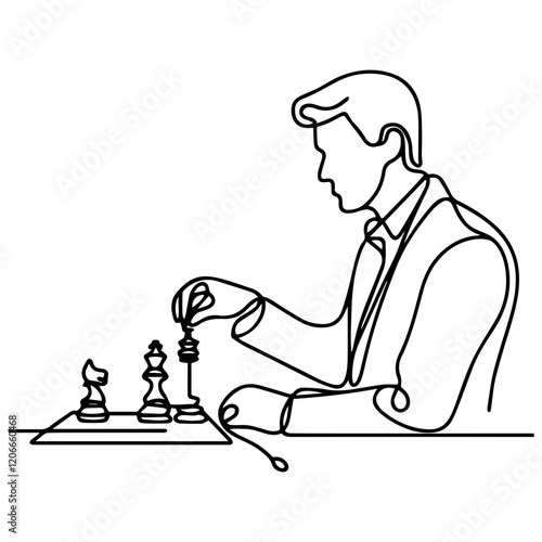 Line drawing of man playing chess on white background