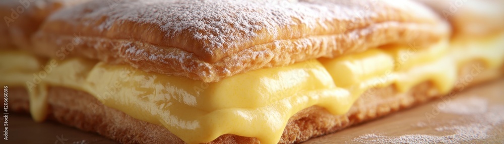 Indulge in this delectable flaky pastry, brimming with a rich and creamy custard filling The detailed texture of the pastry layers is beautifully highlighted under soft, warm lighting Discover the Indulge in this delectable flaky pastry, brimming with a rich and creamy custard filling The detailed texture of the pastry layers is beautifully highlighted under soft, warm lighting Discover the