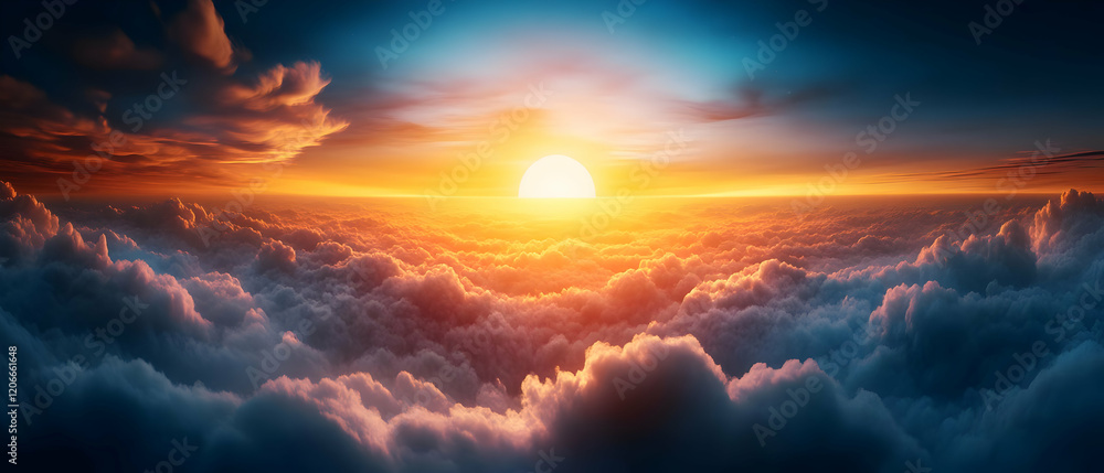 Fototapeta premium Beautiful sunrise above serene clouds.
